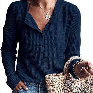 MOLERANI Womens Waffle Knit Tunic Tops Loose Long Sleeve Button Up V Neck Henley